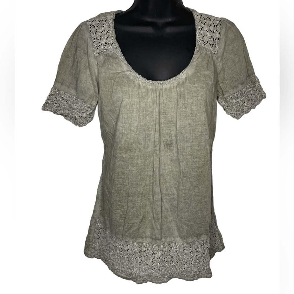 Organic cotton scoop neck crochet short sleeve tie back lightweight boho shirt